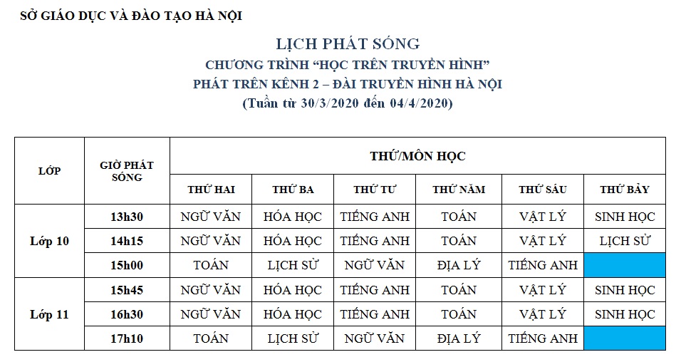 Lịch phát sóng chương trình dạy học khối 10,11