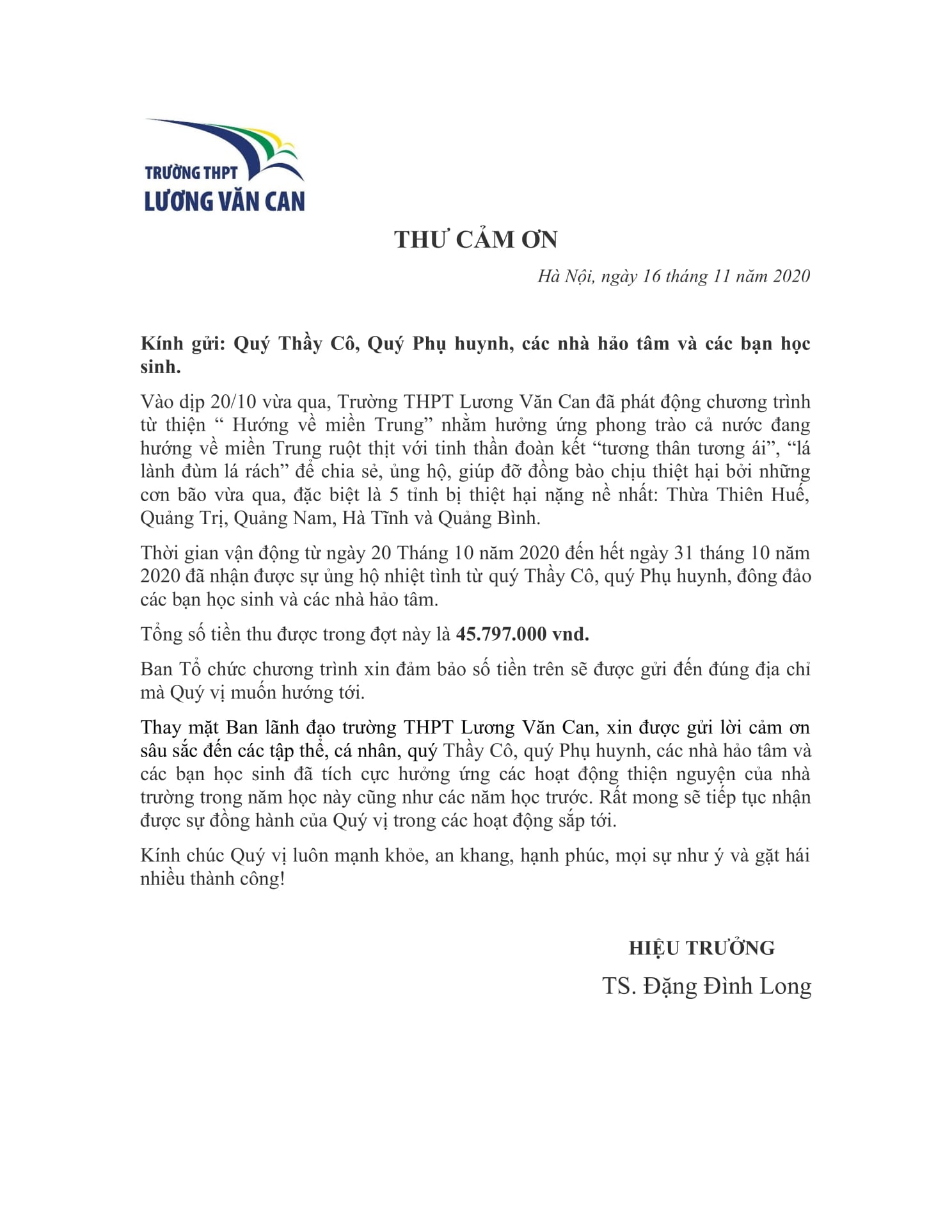 THƯ CẢM ƠN "HƯỚNG VỀ MIỀN TRUNG"