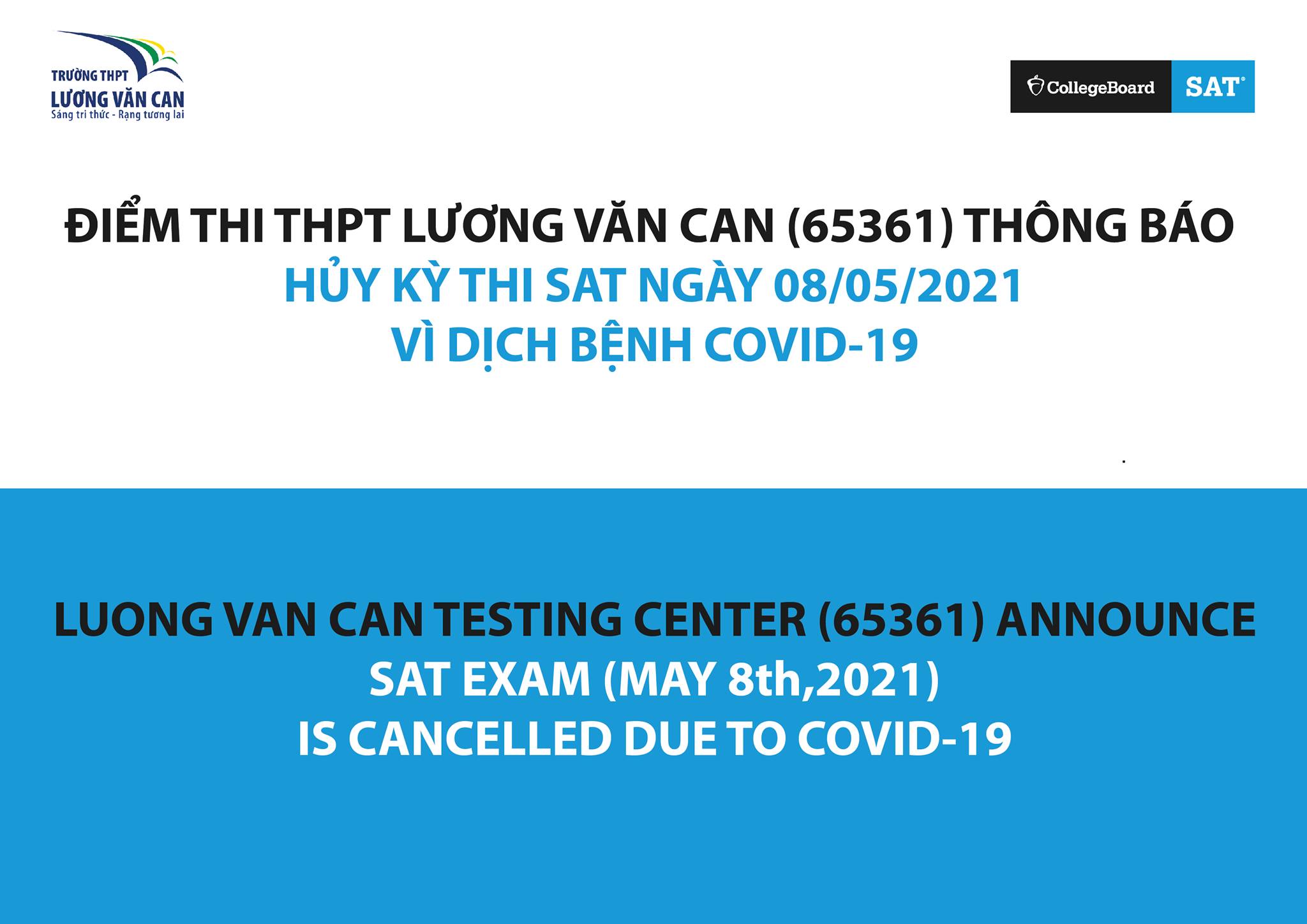 THÔNG BÁO HỦY KỲ THI SAT NGÀY 08/05/2021