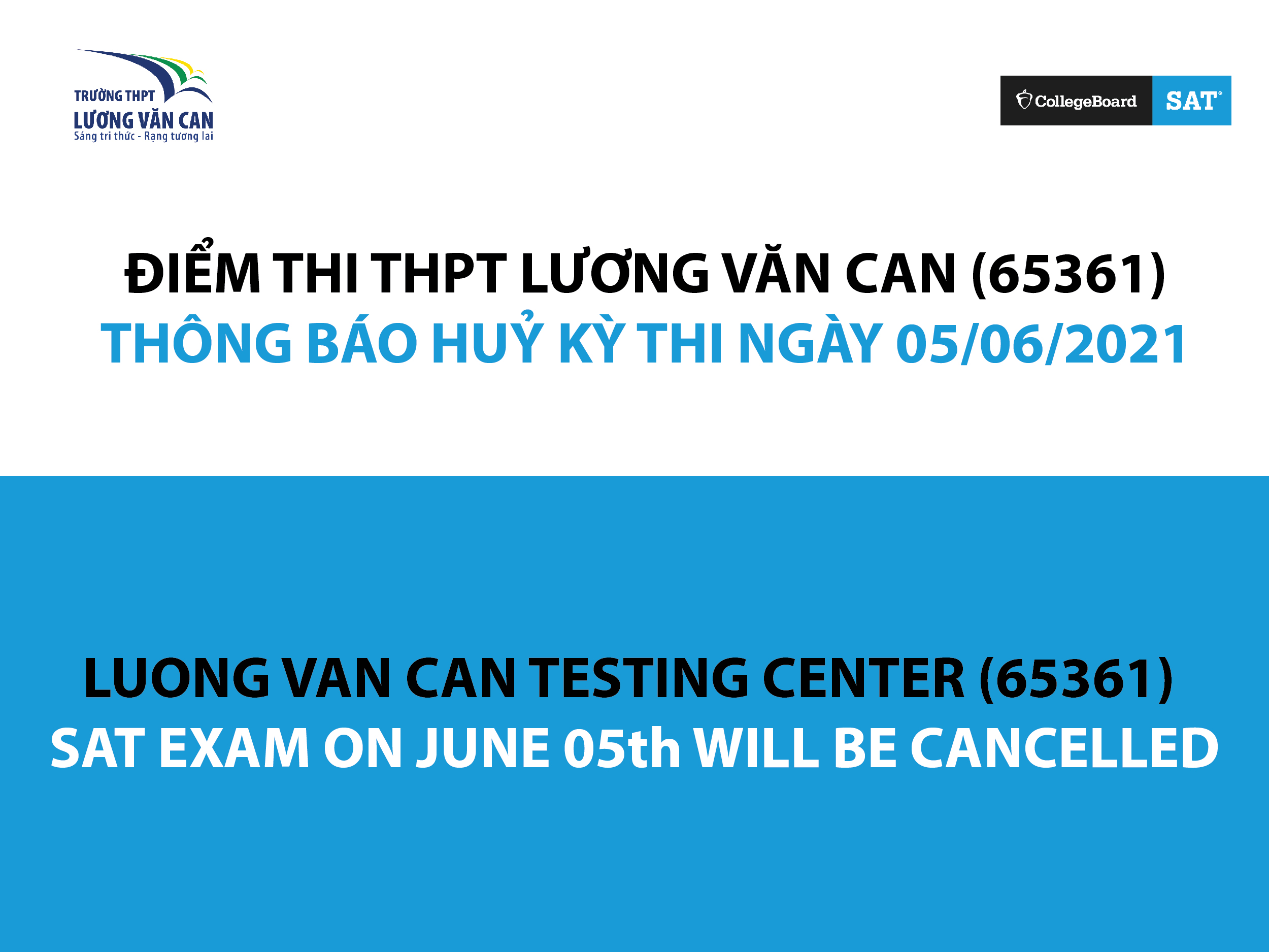 THÔNG BÁO HỦY KỲ THI SAT VÀO NGÀY 05/06/2021