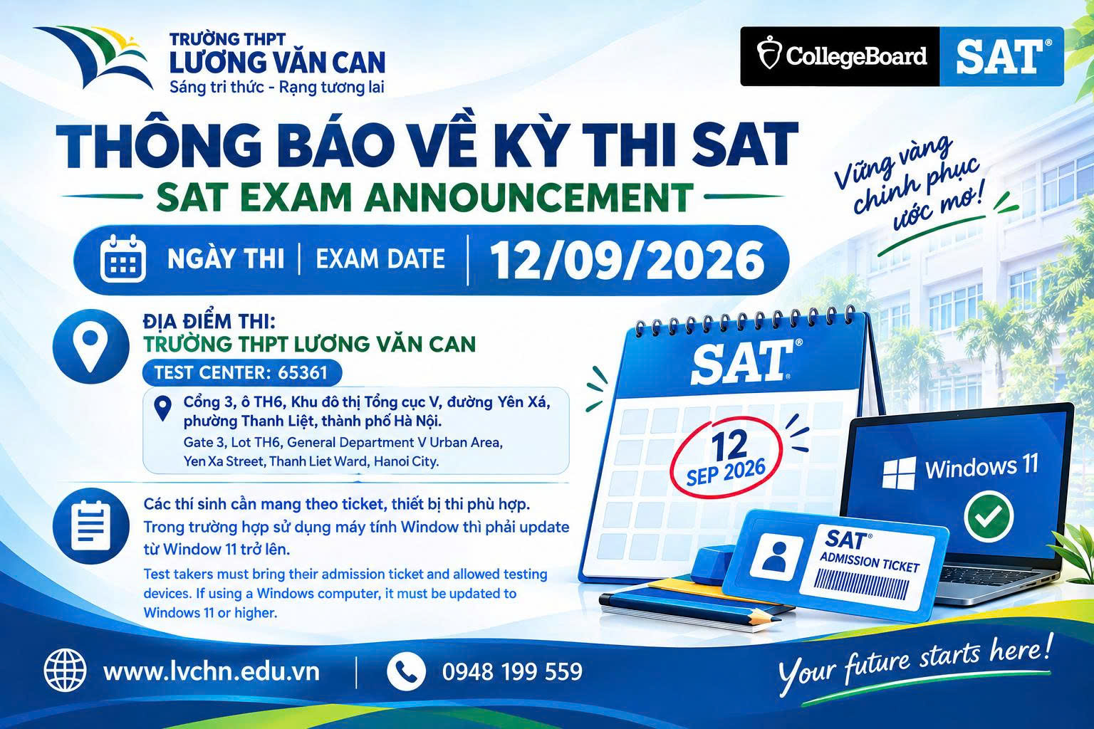 THÔNG BÁO VỀ KỲ THI SAT NGÀY 12/09/2026